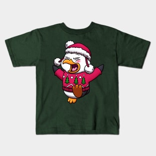 Cute Jumping Penguin With Christmas Sweater And Hat Kids T-Shirt